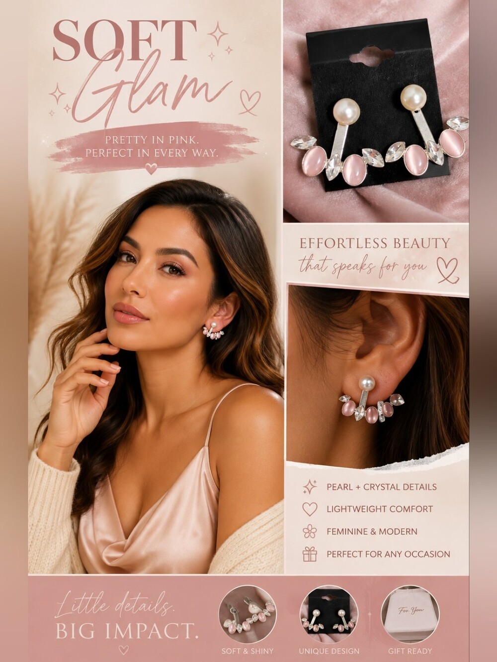 Pink Pearl & Crystal Ear Jacket Earrings | Silver Statement Earrings | Coquette